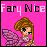 Pixel art fairy with brown curly hair and green eyes, wearing purple wings and a white dress, against a pink background with 'Fairy Nice' text.