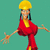 Pixelated character in red dress and yellow hard hat with arms outstretched against teal background, showing partial cropping across frames.
