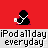 Pixelated black figure with white collar and hand gesture on colored backgrounds, text "iPodallday everyday" repeated below each figure.