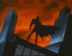 Batman silhouette on a rooftop against an orange sky, transitioning to full-body view with cape flowing in blue and white clouds.