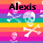 Pixelated rainbow-striped background with a skull and crossbones, black text reading "Alexis" at top.