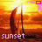 Pixelated sunset scene with sailboat silhouette over orange water, pink text 'sunset' at bottom, and small colored squares in top-right corner.