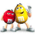 Two anthropomorphic M&M candies stand side-by-side on a white background, with the yellow one holding a silver gun and the red one standing close.