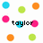 Pixelated circular icons in blue, green, orange, and pink surround the word 'taylor' in black pixelated text on a white background.
