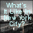 Pixelated static image with light blue text reading "What's It Like In New York City?" over a grayscale cityscape background.