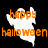 A pixelated ghost icon with orange text 'happy halloween' on a black background, showing two color variations.