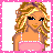 Pixel art of a female character with blonde curly hair, blue eyes, and a pink top holding a pink cupcake, wearing blue bell-bottom pants.