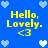Blue background with yellow text "Hello, Lovely. <3" and pixelated hearts in light blue and white.