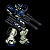Pixelated robot figure with blue and silver armor, dark limbs, and white legs against black background; left arm extended forward in first frame, right arm raised in second frame.