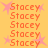 A static image with repeated orange text "Stacey" on a yellow background, surrounded by pink star shapes.