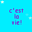 A static image with a bright blue background featuring repeated purple text 'c'est la vie!' and scattered white and light blue stars.