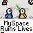 Animated contact sheet of a pixel art buddy icon sequence showing two stick figures and text bubbles with phrases like "TOM BEEN?" and "I HEARD HE", plus repeated "MySpace Ruins Lives" text, arranged in 5x5 grid on gray background.