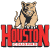 Pixelated static icon featuring a German Shepherd dog standing behind bold red text reading "HOUSTON" with a white and pink striped base beneath the text.