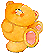 A pixelated orange bear with pink inner ears and feet, facing left in one frame then right in the next.