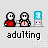 Pixel art animation of two figures with red shirts and white faces interacting with a blue-and-white portal device, showing sequential actions including speech bubbles and physical contact.