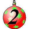 Six pixelated Christmas ornaments hang in two , each displaying a black number 2 with star-shaped patterns on colored backgrounds