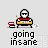 Pixel art animation of a character at a desk with books, showing head and hand movements while text reads 'going insane' below.