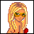 Pixelated cartoon woman with blonde hair, yellow sunglasses, red bikini top, and red high-heeled sandals, with text 'want some?' and a star symbol.