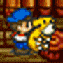 Pixelated character with blue hat and yellow creature in wooden interior, static pose with slight color variation across frames.