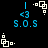Pixelated blue and white icon with 'S.O.S' text, '<3' symbol, and geometric shapes on black background, showing animation changes in shape positions.