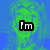 Pixelated green-and-blue image of a person with text overlays and an emoticon, set against a blue background.