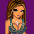 Pixel art of a woman with long brown hair, blue eyes, and a teal halter top, wearing white pants and a brown belt, against a purple background.