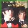Two people in formal attire with a text overlay reading 'i write sins not tragedies' against a green background.