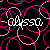 Pixelated text 'olysso' repeated across a black background with pink and magenta circular patterns.