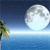 A pixelated night scene with a large moon, palm tree, and water horizon under a dark blue sky.