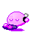 Pixelated pink spherical character with closed eyes, wearing black headphones and purple clothing, holding a flower-like object against gray background.