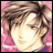 A pixelated anime-style character face with brown hair and a pink background, next to stylized text on a black background.
