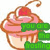 Pixelated cupcake with pink frosting, cherry on top, and green text overlays forming a phrase