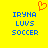Yellow background with blue pixelated text reading 'IRYNA LUYS SOCCER' and an orange pixelated heart symbol above the text.