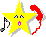 Yellow star-shaped character with blue eyes and pink mouth, surrounded by musical notes and red curved lines on white background.