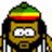 Pixelated character with golden face, black hair, and Rastafarian hat in green-yellow-red stripes, holding two silver objects.