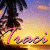 A pixelated beach scene with palm trees and a sunset sky, featuring the name 'Traci' in stylized text that changes color from pink to yellow