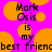Pixelated text on a bright pink background with orange circular shapes, displaying 'Mark Os is my best friend' in black block letters.