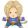 Pixelated character with blonde hair, blue top, brown belt, blue pants, and brown shoes in two poses against gray background.