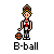 Pixel art character with brown hair and red headband holding orange basketball, wearing black sleeveless shirt with white cross, gray shorts, and white shoes.