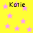 Yellow background with pink stars and four instances of the text 'Katie' in black pixelated font.