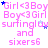 Animated icon with repeating pink text and blue stars on white background, displaying 'Girl<3Boy' patterns and 'surfingluv and sixers6' phrases.