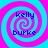 Four identical spiral patterns with alternating cyan and magenta colors, each containing the text 'kelly burke' in blue pixelated font.