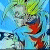 Pixelated character with green hair and red clothing against blue background, showing motion blur in lower body.