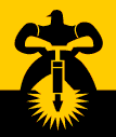 A two-frame animated contact sheet showing a black silhouette of a muscular figure operating a jackhammer against a yellow and black background with radiating starburst effects at the base.