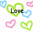 Pixelated heart-shaped icons in green, blue, and pink with 'Love' text inside one green heart and 'Me' text near a pink heart on white background.