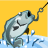Pixelated cartoon fish on a fishing hook against yellow background with blue water splash.