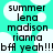 Pixelated text on a cyan background with white cloud shapes, displaying names and 'bff yeah!!!' in black block letters.