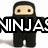 Pixelated ninja figure in black outfit with beige face, standing under bold white text reading "NINJAS" on a white background.