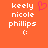 Pixelated orange background with white text 'keely nicole phillips' and a smiley face, plus a pink heart symbol above the text on the left side.
