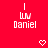 Red background with white text 'I Luv Daniel' repeated in a , featuring pixelated heart and downward arrow symbols that change position across frames